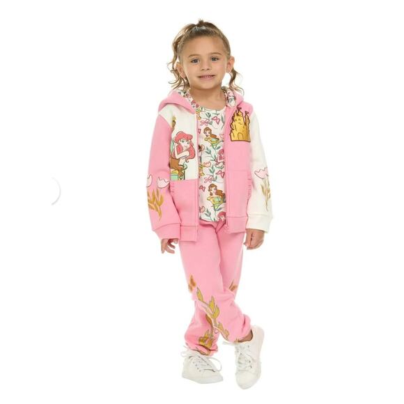 Disney Princess NWT 3 Piece Hoodie TShirt Legging Set Pink Gold 2T Ariel Belle - Picture 2 of 16